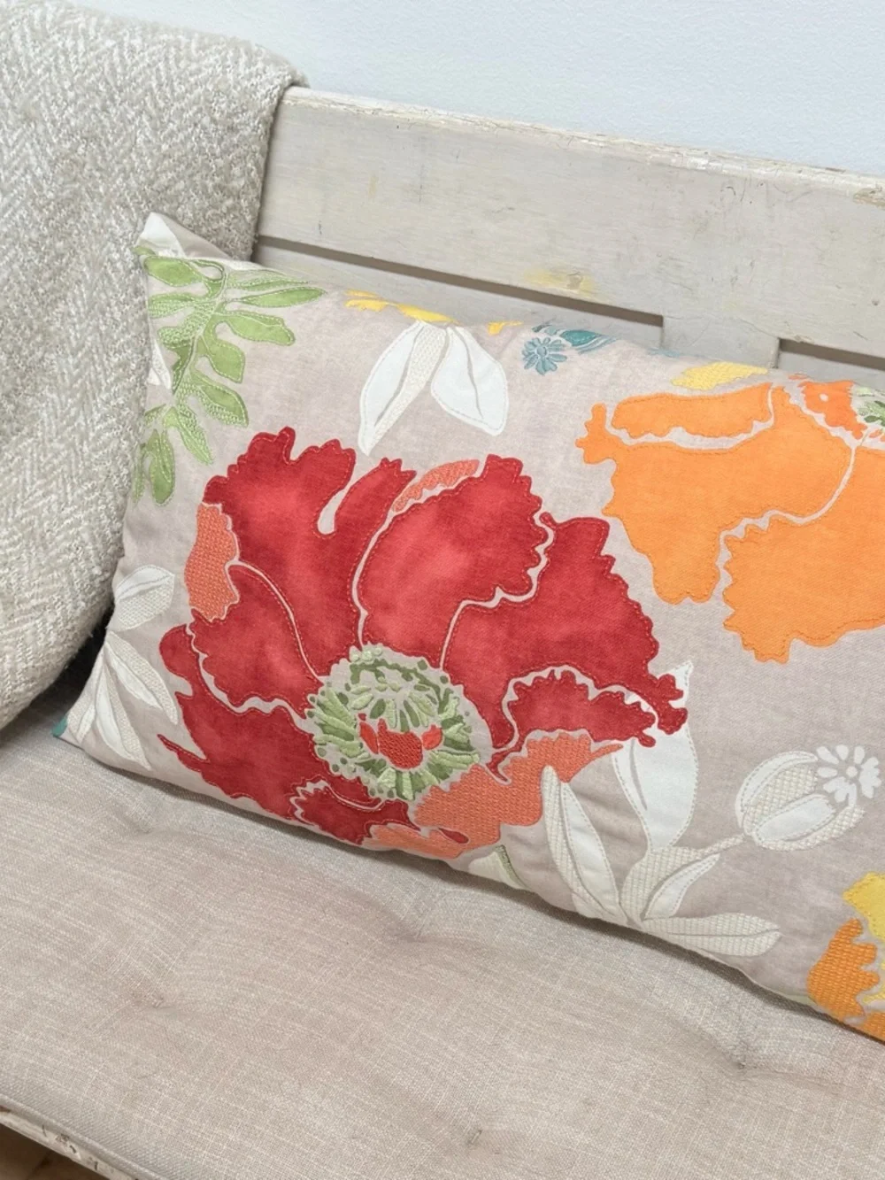 Pottery Barn Red Yellow Posy Floral Indoor Outdoor Lumbar Accent Pillow - Picture 6 of 14